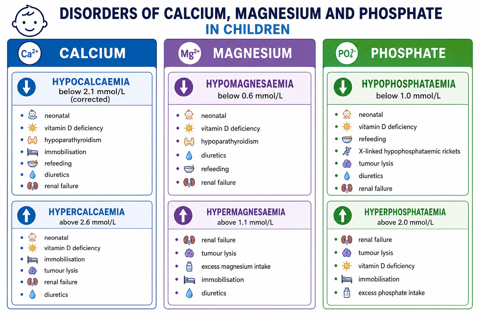 Classification of calcium, magnesium and phosphate disorders by mineral and mechanism in children.