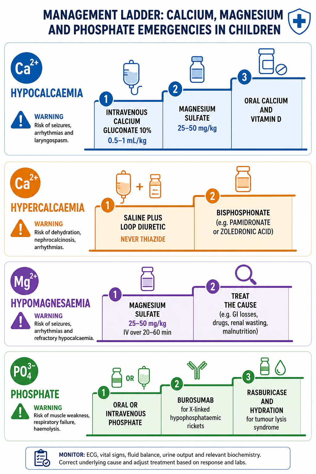 Stepwise management ladder for calcium, magnesium and phosphate emergencies in children.