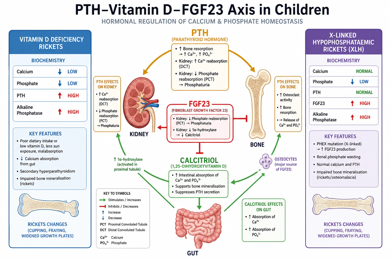 Pathophysiology: the parathyroid hormone, vitamin D and fibroblast growth factor 23 axis across bone, gut and kidney.