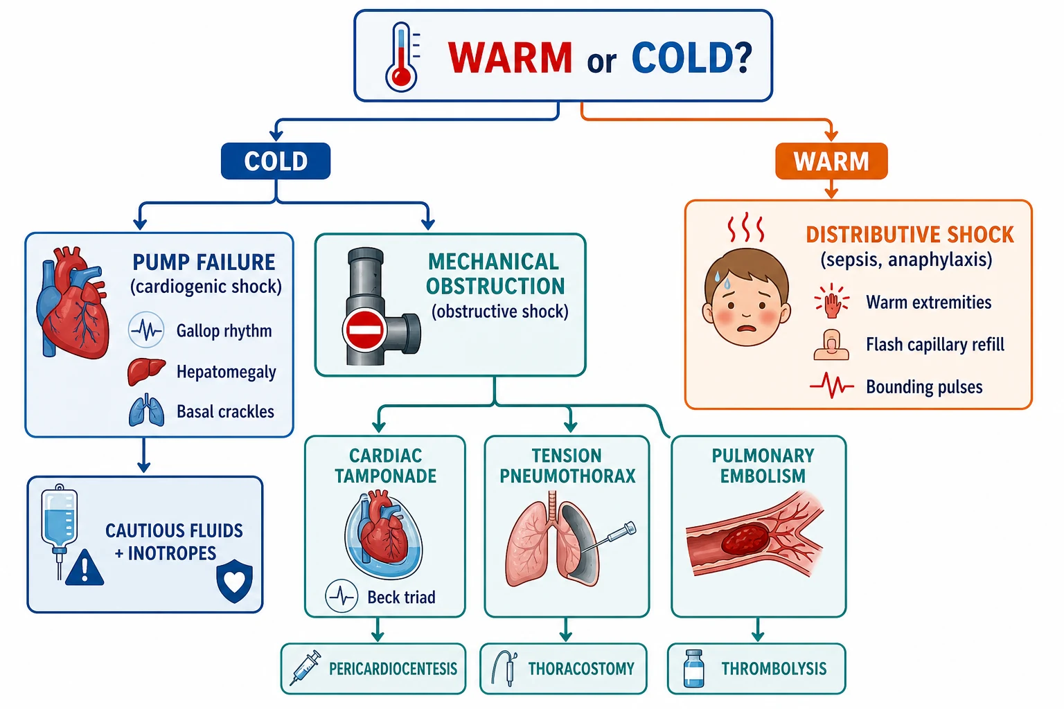 Decision pathway sorting a shocked child by temperature (warm versus cold), then by pump versus obstruction, with cardiogenic shock leading to cautious fluids and inotropes, and obstructive shock splitting into tamponade (Beck triad, pericardiocentesis), tension pneumothorax (needle or finger thoracostomy), and pulmonary embolism (thrombolysis)