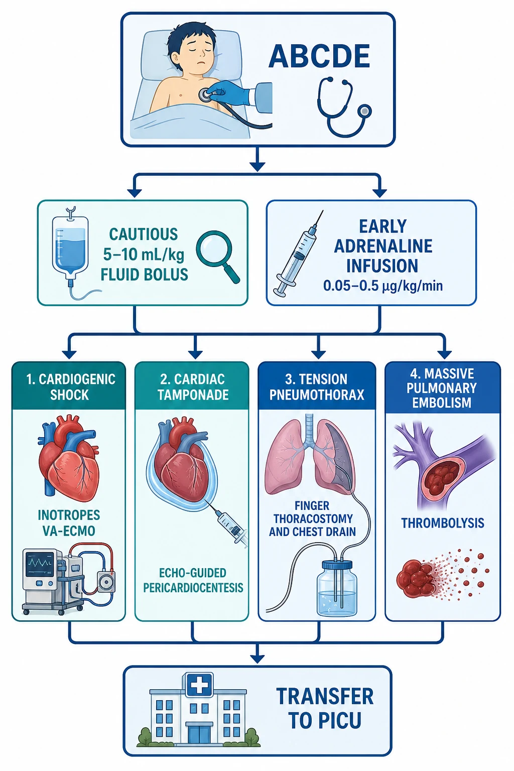 Management algorithm: a cold shocked child assessed by ABCDE, cautious 5 to 10 mL per kg fluid with reassessment, early adrenaline infusion, then branching to the definitive treatment — cardiogenic shock to inotropes and ECMO, tamponade to echo-guided pericardiocentesis, tension pneumothorax to needle or finger thoracostomy and chest drain, pulmonary embolism to thrombolysis — and transfer to PICU or cardiac centre