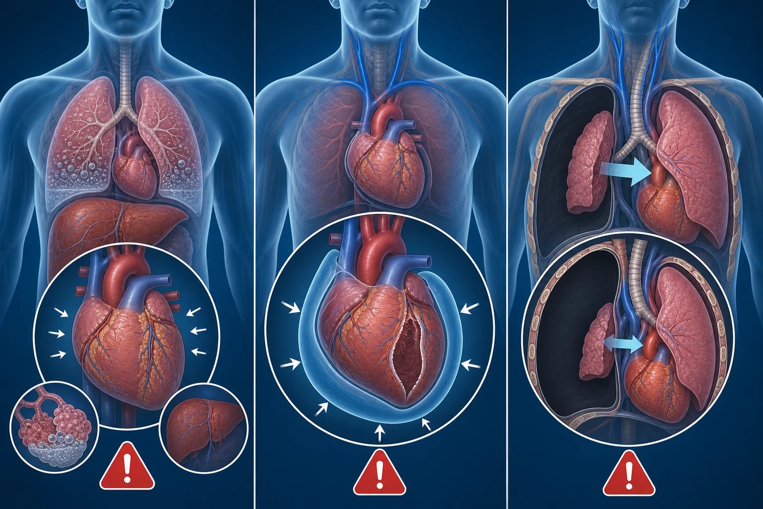 Three-panel mechanism schematic: panel one shows a failing ventricle with reduced contractility and back-up into lungs and liver (cardiogenic shock); panel two shows pericardial fluid compressing the heart with collapsed right ventricle in diastole and distended neck veins (tamponade); panel three shows a tension pneumothorax with mediastinal shift, tracheal deviation, compressed great vessels and distended neck veins
