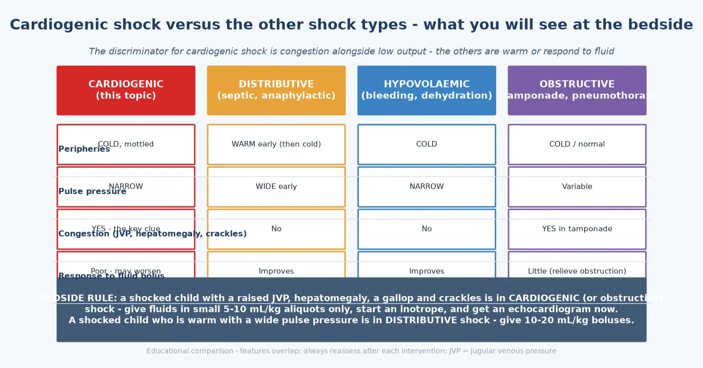 Bedside comparison of four shock types across five signs. Cardiogenic shock: cold mottled peripheries, narrow pulse pressure, congestion present (the key clue), and a poor response to fluid. Distributive shock (septic, anaphylactic): warm peripheries early then cold, wide pulse pressure early, no congestion, and improvement with fluid. Hypovolaemic shock (bleeding, dehydration): cold peripheries, narrow pulse pressure, no congestion, and improvement with fluid. Obstructive shock (tamponade, tension pneumothorax): cold or normal peripheries, variable pulse pressure, congestion in tamponade, and little response to fluid because the obstruction must be relieved. A bedside rule summarises the discriminator.
