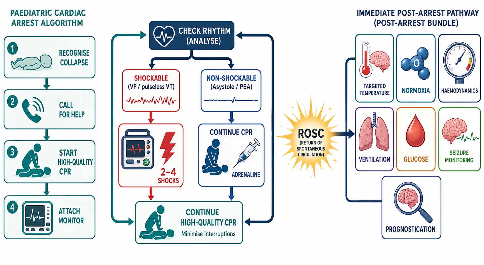 Schematic of the paediatric cardiac arrest algorithm: recognise, call for help, CPR, attach monitor, rhythm check splitting into shockable (VF and pulseless VT, defibrillate at 2 to 4 J per kg) and non-shockable (asystole and PEA, continue CPR and adrenaline), looping back to CPR, then a return-of-spontaneous-circulation starburst flowing into the post-arrest bundle