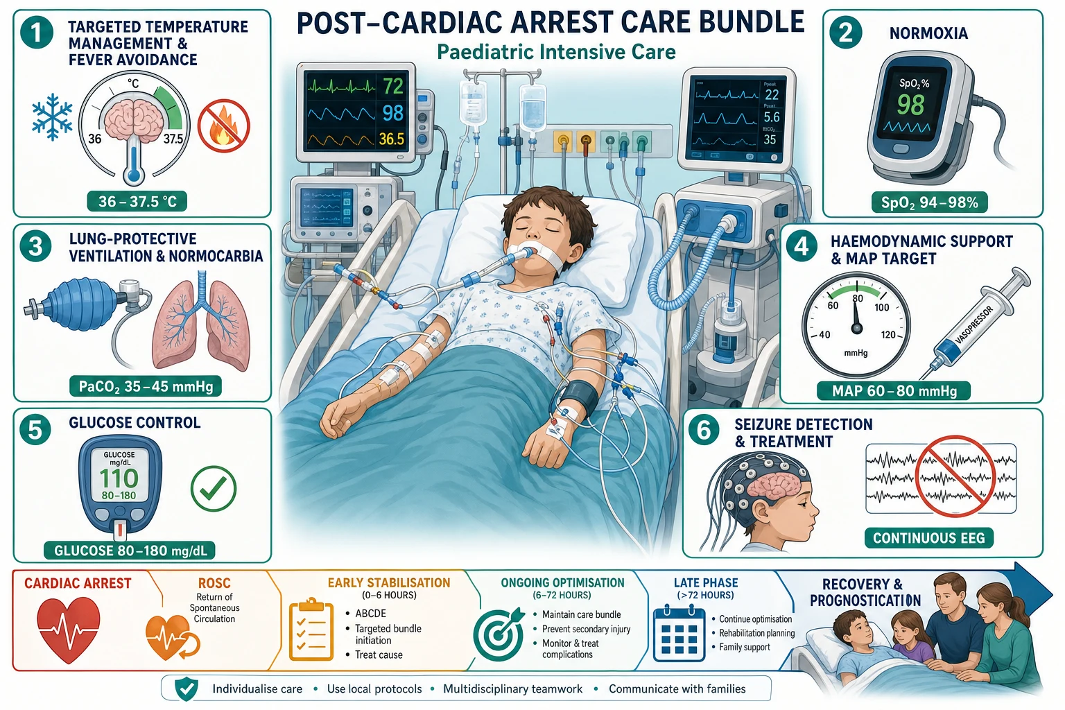 Stepwise post-cardiac-arrest care bundle in a PICU: intubated child with targeted temperature management 36 to 37.5 degrees C, normoxia, lung-protective ventilation with normocarbia, mean arterial pressure support with vasopressor, glucose control, continuous EEG for seizure detection, and a timeline toward recovery and prognostication