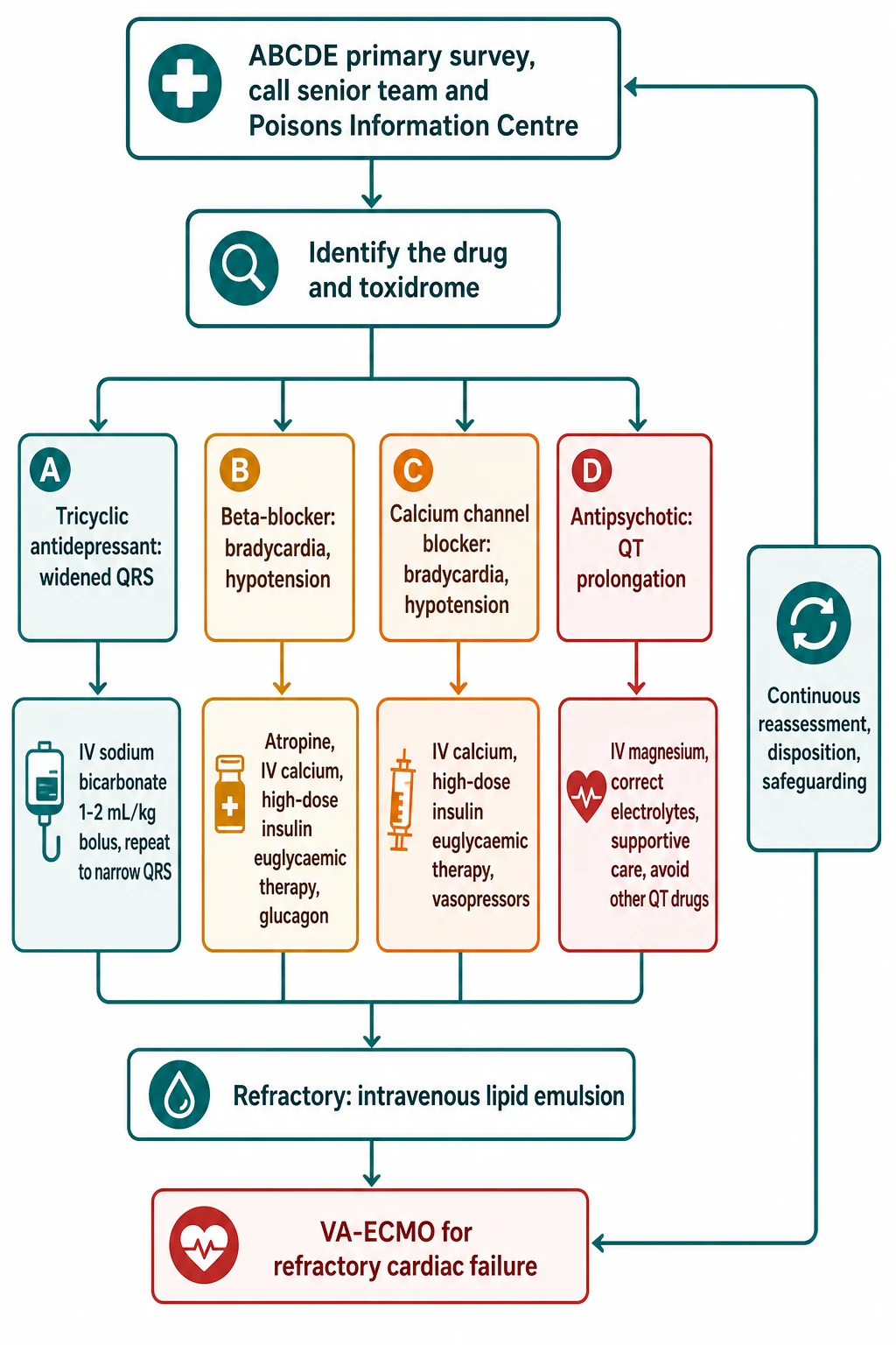 Reviewed educational schematic of the management pathway for paediatric cardiotoxic and psychotropic medication poisoning as a vertical flowchart: ABCDE primary survey and call Poisons Information Centre, identify the drug and toxidrome, then four targeted paths for tricyclic antidepressant with sodium bicarbonate, beta-blocker with calcium and high-dose insulin, calcium channel blocker with calcium and high-dose insulin, and antipsychotic with magnesium and supportive care, with intravenous lipid emulsion and VA-ECMO for refractory cases and continuous reassessment, disposition and safeguarding