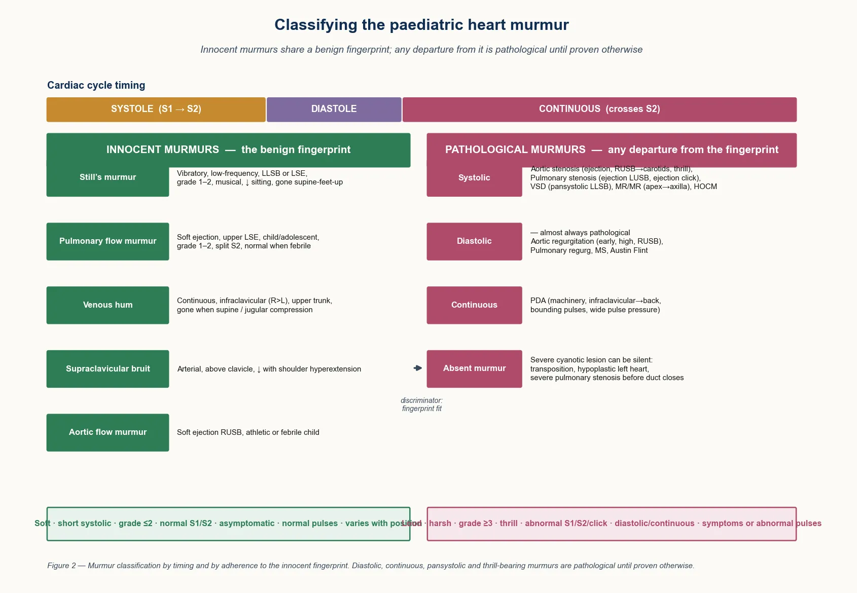 A classification schematic for the paediatric heart murmur: a top timing strip showing systole, diastole and continuous; an innocent branch (green) listing Still's murmur, the pulmonary flow murmur, the venous hum, the supraclavicular bruit and the aortic flow murmur, with a benign-fingerprint footer; a pathological branch (rose) listing systolic lesions (aortic and pulmonary stenosis, ventricular septal defect, mitral regurgitation, hypertrophic cardiomyopathy), diastolic lesions, continuous lesions (patent ductus arteriosus) and the silent severe cyanotic lesions, with a pathology-fingerprint footer; and a discriminator arrow naming the fingerprint fit