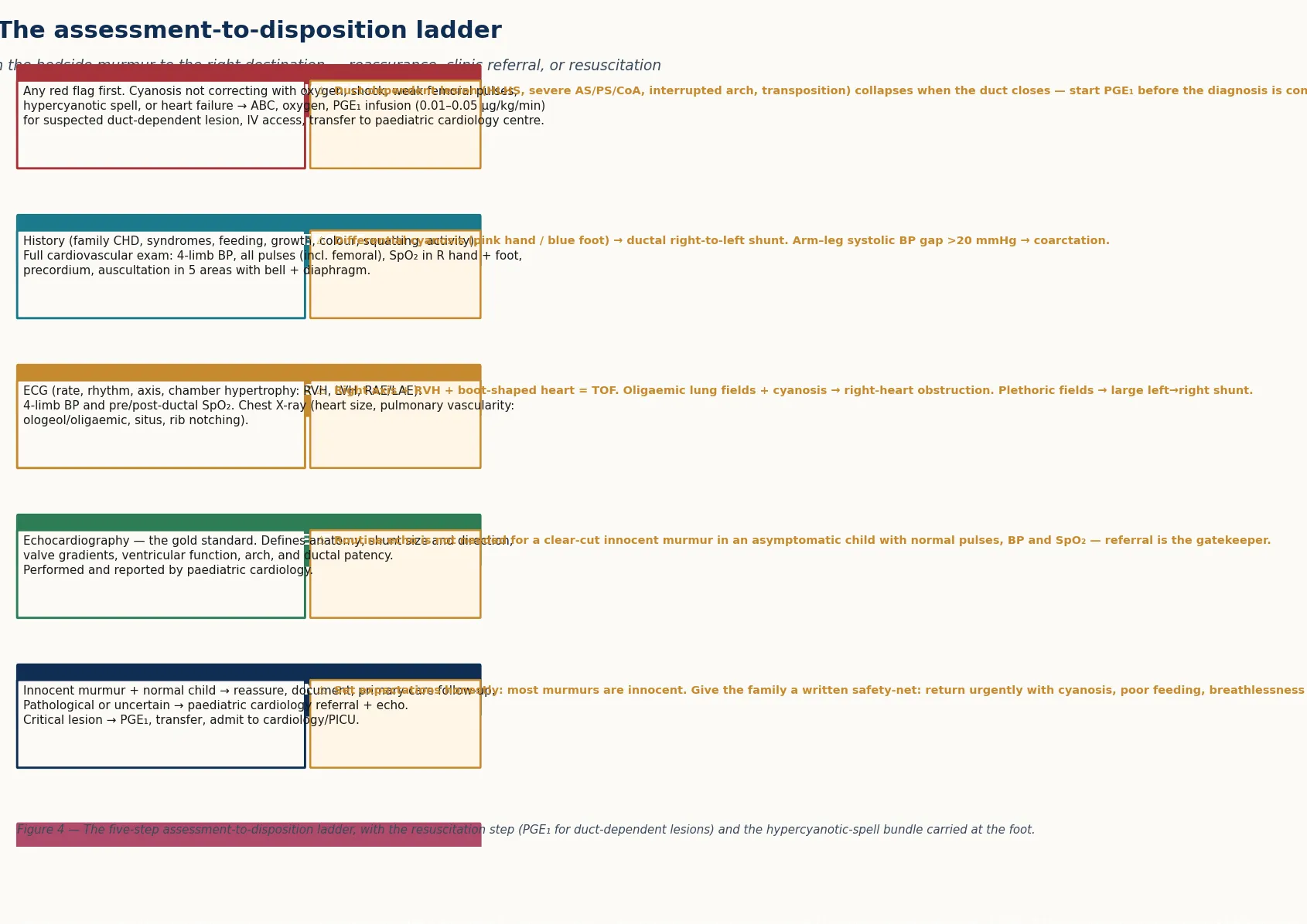 A five-step assessment-to-disposition ladder for the paediatric heart murmur: step one recognise and resuscitate with prostaglandin E1 for the suspected duct-dependent lesion; step two assess at the bedside with history, four-limb blood pressure, all pulses, pre- and post-ductal saturation and five-area auscultation; step three first-line tests with ECG, four-limb blood pressure and chest X-ray; step four the definitive echocardiogram by paediatric cardiology; step five disposition with reassurance for the innocent murmur, referral for the pathological, and PGE1 plus transfer for the critical; a hypercyanotic-spell bundle at the foot
