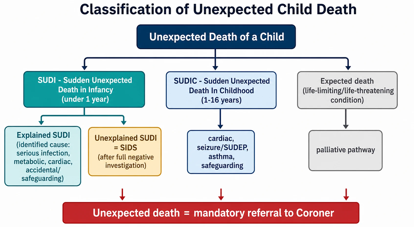 Schematic branching diagram of unexpected child death: an unexpected death of a child splits into SUDI under 1 year (which divides into explained and unexplained or SIDS), SUDIC over 1 year, and the contrast of an expected death on a palliative pathway; all unexpected deaths carry a mandatory coroner referral banner