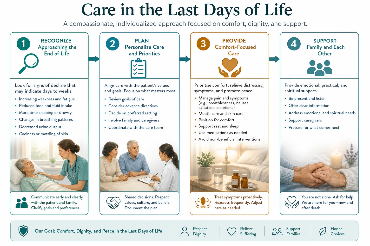 Classification diagram for care in the last days of life showing the major clinical axes used at the bedside.