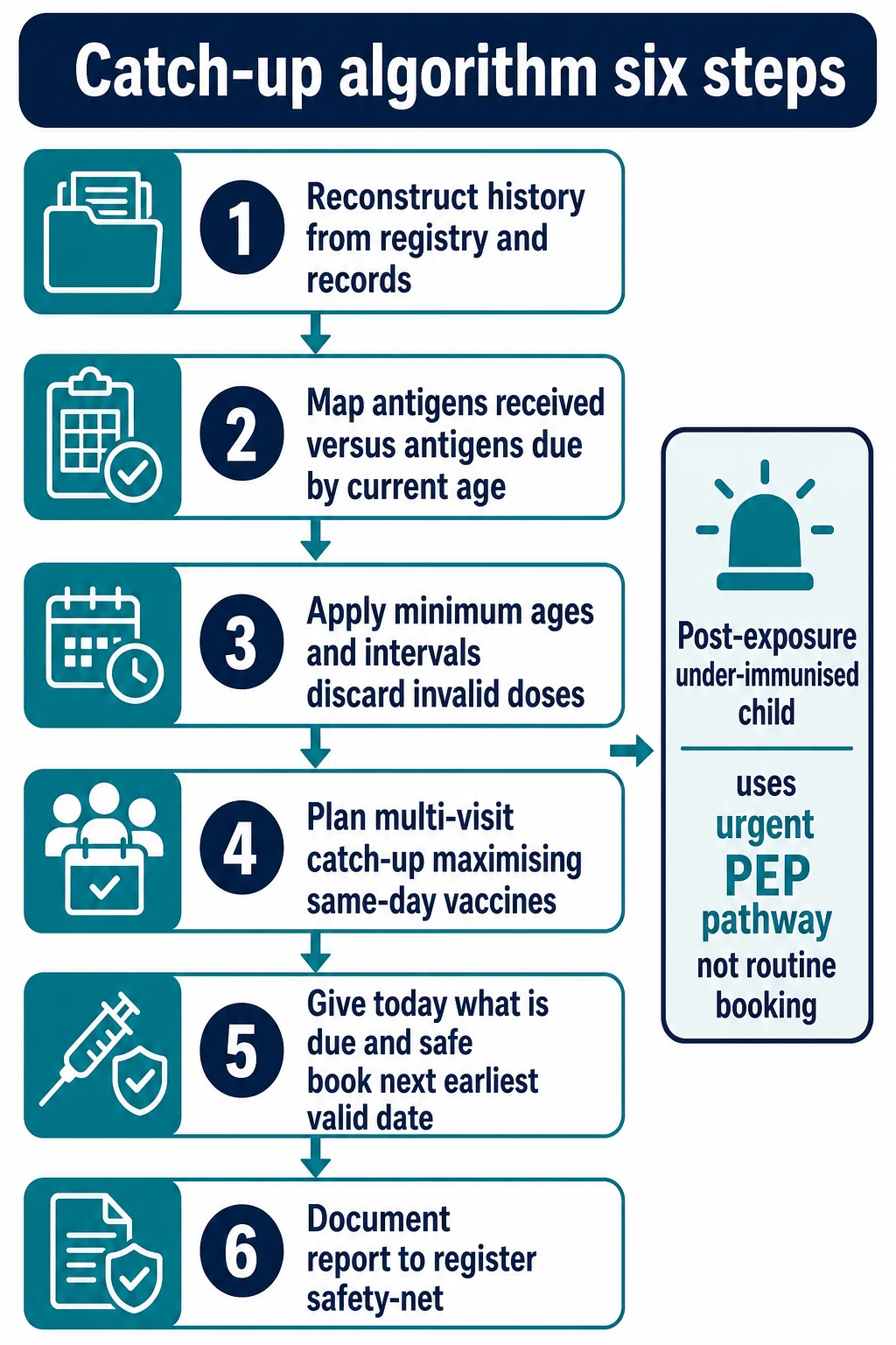 Six-step catch-up immunisation algorithm from history reconstruction through register reporting with post-exposure callout