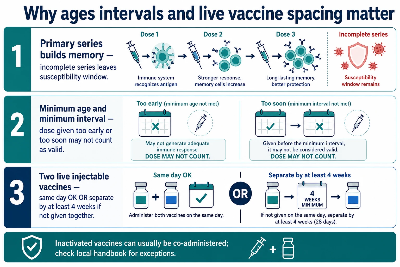 Mechanism schematic showing incomplete primary series susceptibility, invalid early doses, and live injectable vaccine same-day or four-week spacing