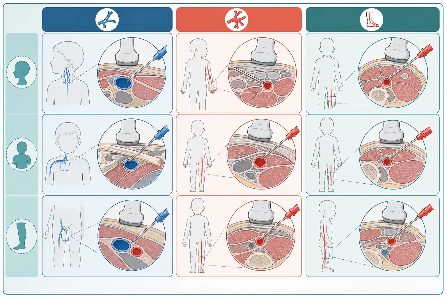 A labelled cross-sectional map of a child showing the central venous sites (internal jugular, subclavian, femoral) in blue and the arterial sites (radial, femoral, posterior tibial) in red, each with an ultrasound probe and needle