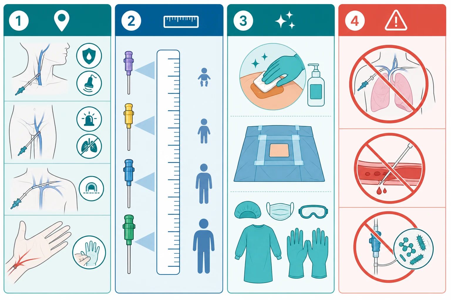 A four-panel reference card covering site selection, catheter sizing by age, the aseptic insertion bundle, and complication avoidance icons for pneumothorax, arterial puncture and CLABSI