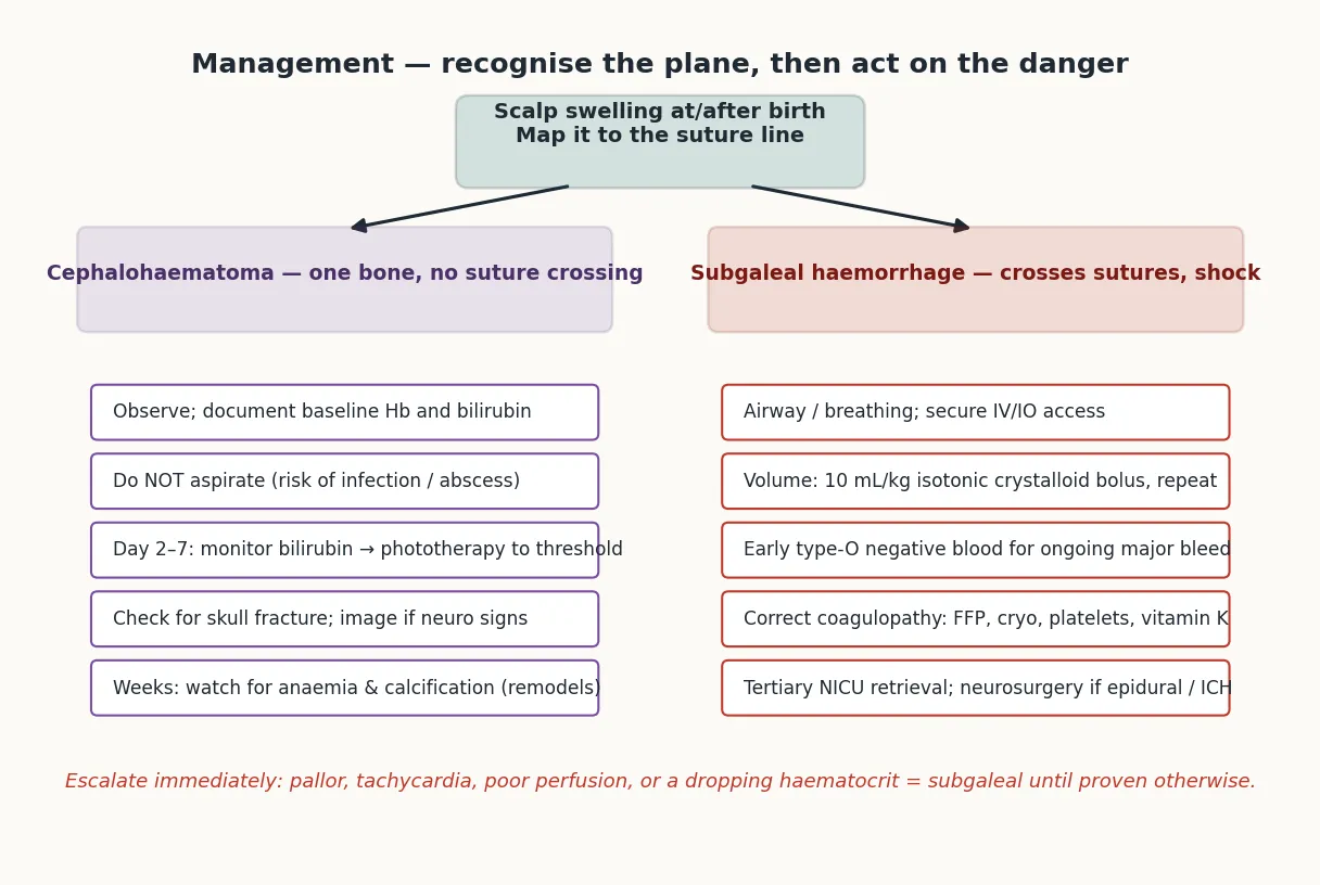 Educational two-branch flowchart, with the uncomplicated cephalohaematoma branch showing observation, no aspiration, bilirubin monitoring and fracture check, and the subgaleal haemorrhage branch showing airway, volume bolus, blood, coagulation correction and tertiary retrieval