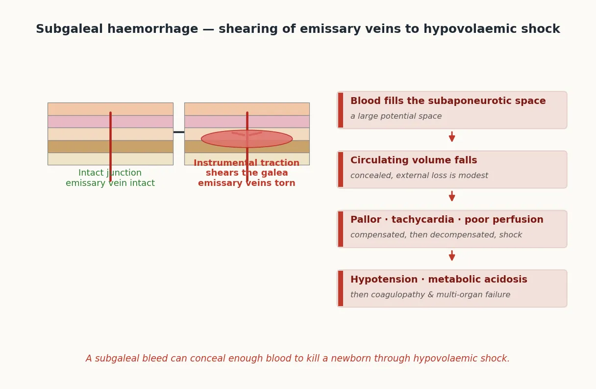 Educational before-and-after schematic of the scalp-galea-periosteum-skull junction, showing intact emissary veins converting to sheared and bleeding emissary veins filling the subaponeurotic space, followed by the cascade of falling circulating volume, pallor, tachycardia and shock