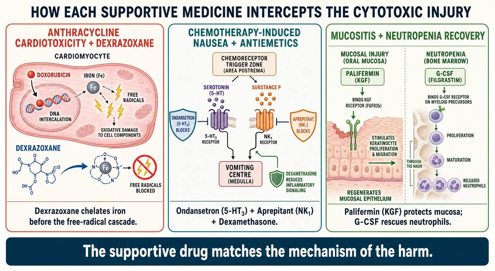 Educational schematic in three panels: left panel showing an anthracycline molecule intercalating DNA and producing iron-catalysed free radicals that injure the cardiomyocyte, with dexrazoxane chelating intracellular iron to block the radical cascade; centre panel showing cisplatin stimulating the chemoreceptor trigger zone and visceral 5-HT3 receptors with ondansetron and aprepitant blocking the serotonin and substance-P pathways; right panel showing palifermin stimulating keratinocyte growth factor receptors on oral mucosa to protect against mucositis, and G-CSF stimulating neutrophil precursors in marrow