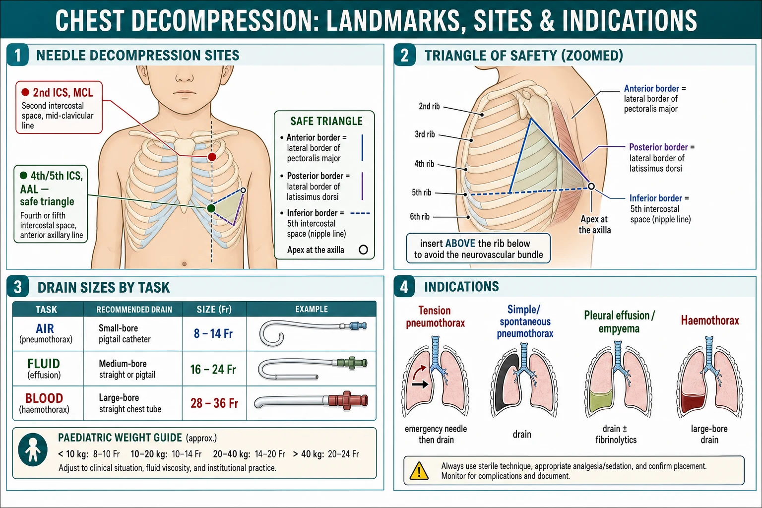 Educational schematic of paediatric chest decompression showing the two needle sites (second intercostal space mid-clavicular line, and fourth or fifth intercostal space anterior axillary line within the safe triangle), the safe triangle borders, drain sizes by content (small-bore pigtail for air, medium for fluid and empyema, large-bore for blood), and the indications