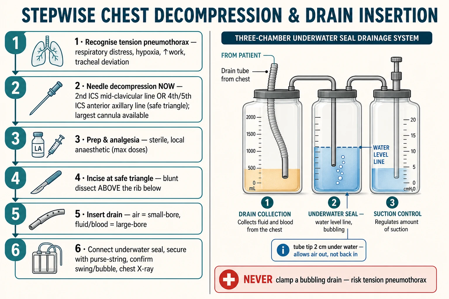 Educational stepwise schematic of paediatric chest decompression and intercostal drain insertion with eight numbered steps (recognise tension, needle decompression, prepare and analgesia, incise at the safe triangle, blunt dissect above the rib below, insert drain by content, connect underwater seal with the tube tip two centimetres below the water line, confirm swing and obtain a chest radiograph), a labelled three-chamber underwater seal drainage system, and a safety ribbon warning never to clamp a bubbling drain