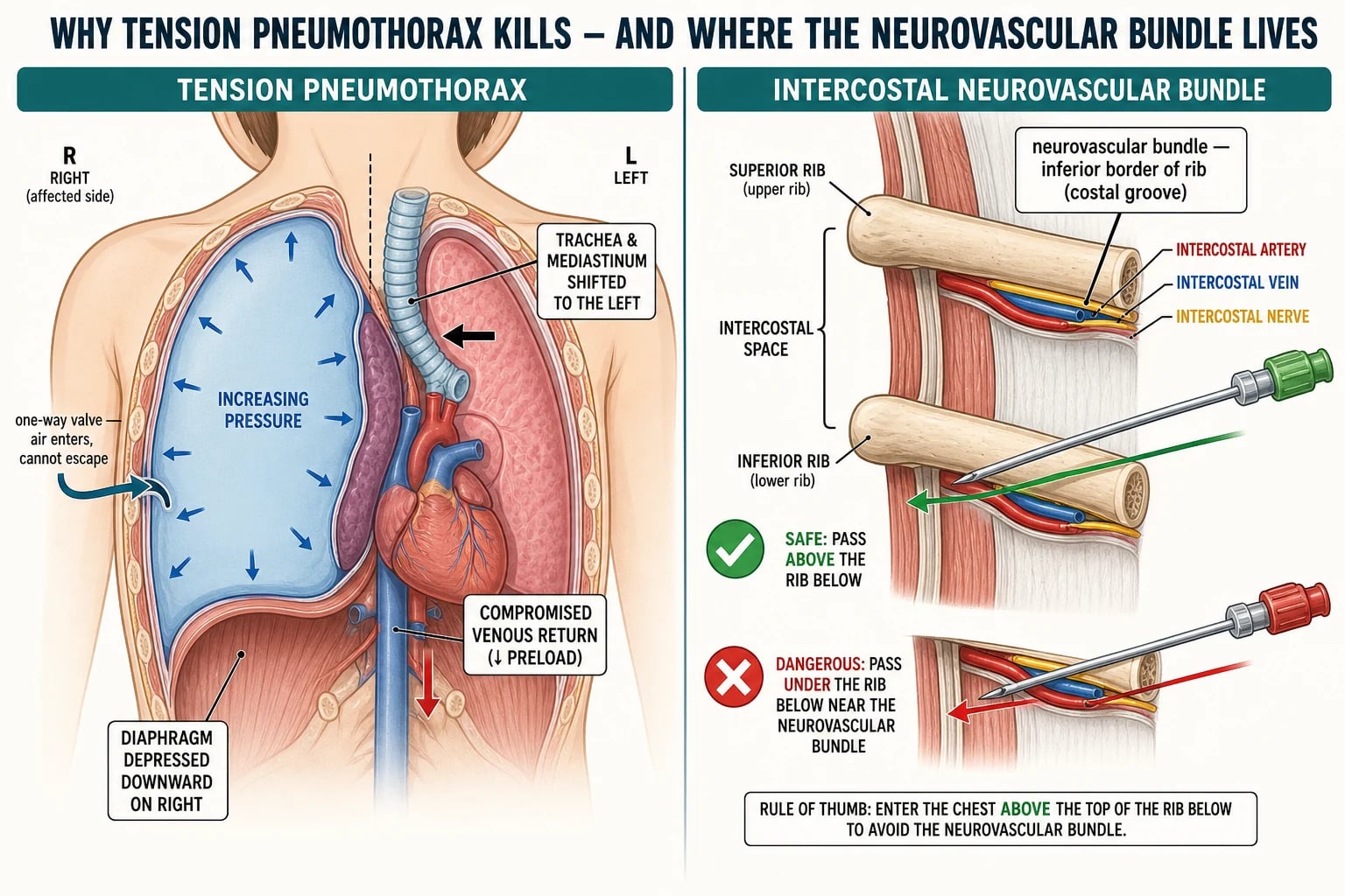 Educational cross-section of a child's thorax showing a tension pneumothorax with trapped air under pressure, mediastinal and tracheal shift, depressed diaphragm, and compromised venous return, alongside a close-up of the intercostal neurovascular bundle in the costal groove along the inferior border of the rib above, with safe (above the rib below) and unsafe (near the bundle) needle paths