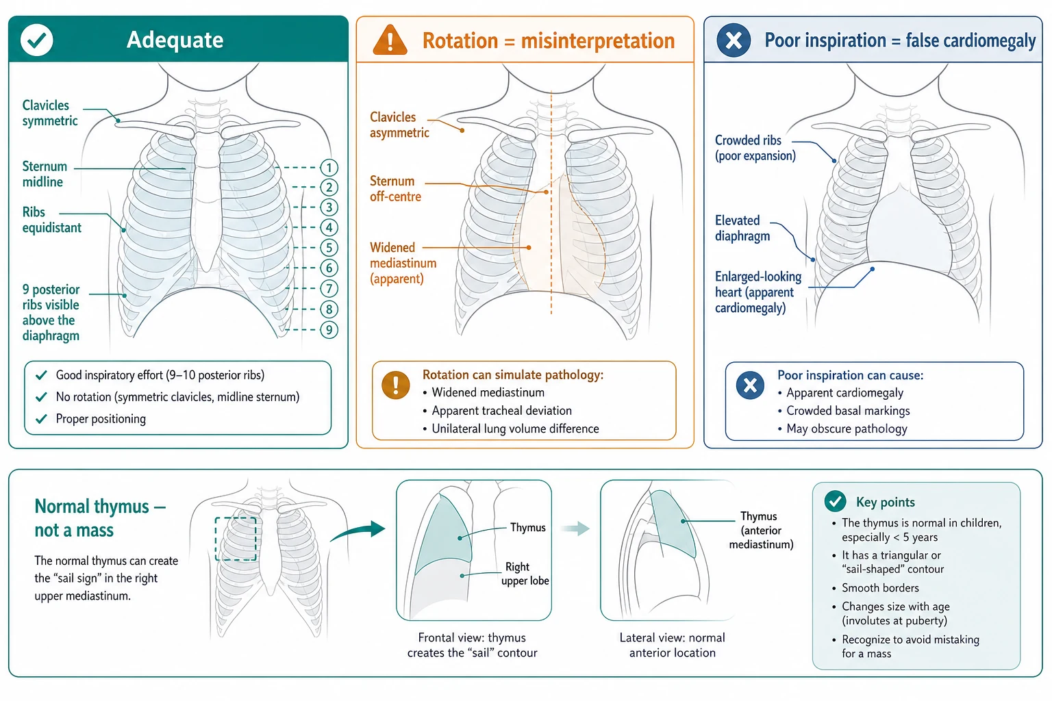 Educational schematic comparing a well-positioned, well-inspired paediatric chest radiograph against the artefacts of patient rotation and poor inspiratory effort, with an inset schematic of the normal thymus producing the sail sign