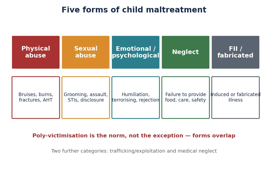Five-column taxonomy of the forms of child maltreatment with their presenting patterns, noting poly-victimisation and the additional categories of trafficking and medical neglect