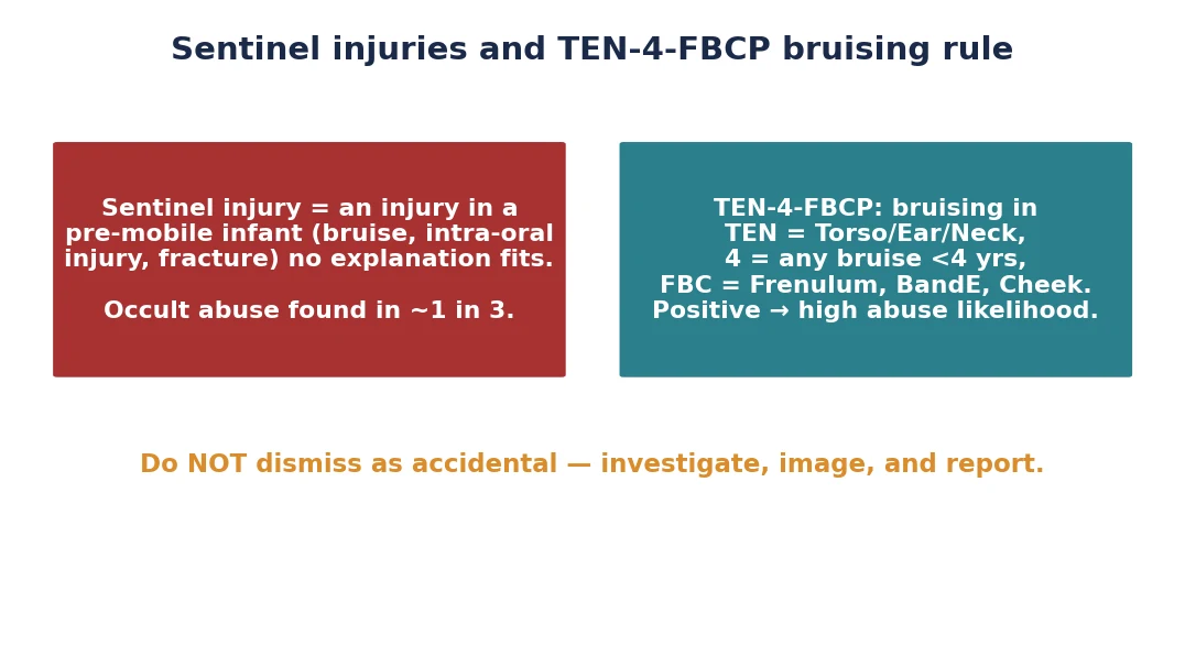 Two panels: the sentinel injury concept in a pre-mobile infant, and the TEN-4-FBCP bruising decision rule, with the warning not to dismiss as accidental