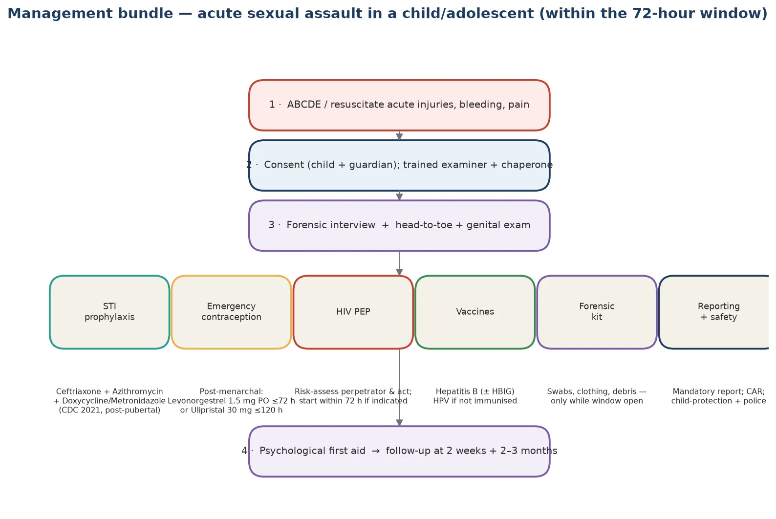 Educational schematic of the acute sexual assault management bundle within the 72-hour window including STI prophylaxis, emergency contraception, HIV PEP, vaccines, forensic kit, and safety
