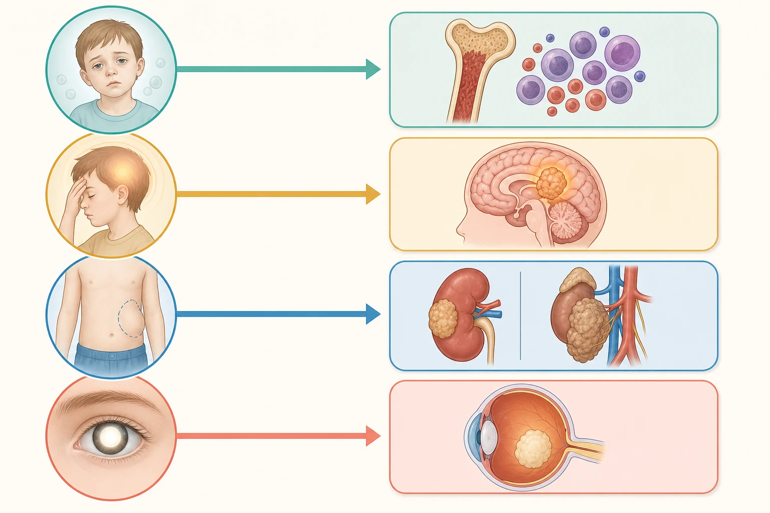 Diagnostic-pathway map linking presenting warning signs to childhood cancer groups
