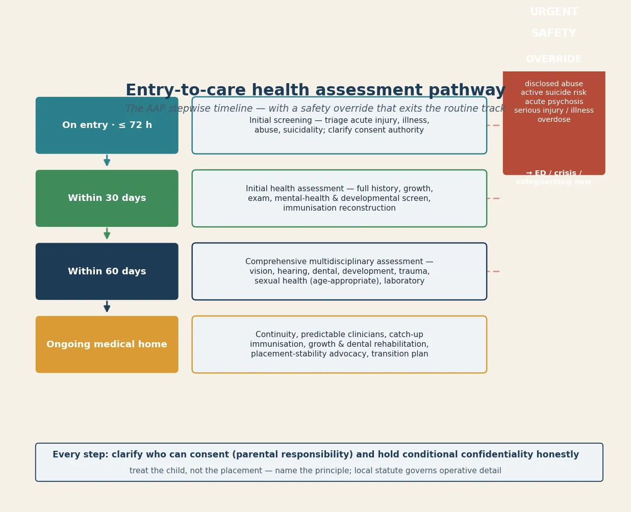 Stepwise entry-to-care health assessment algorithm showing the AAP timeline (initial screening on entry within 72 hours, initial assessment within 30 days, comprehensive multidisciplinary assessment within 30 days, ongoing medical home) with an urgent safety-override rail exiting to ED, crisis and safeguarding