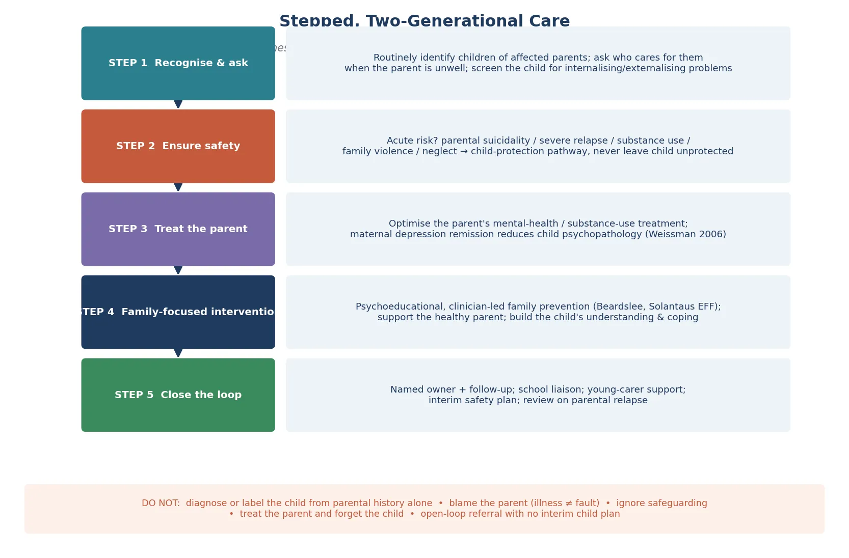 Stepped two-generational care ladder from recognition through safety, parental treatment, family-focused intervention, and closed-loop follow-up, with a do-not panel covering no labelling from history, no blame, no ignoring safeguarding, no open-loop referral
