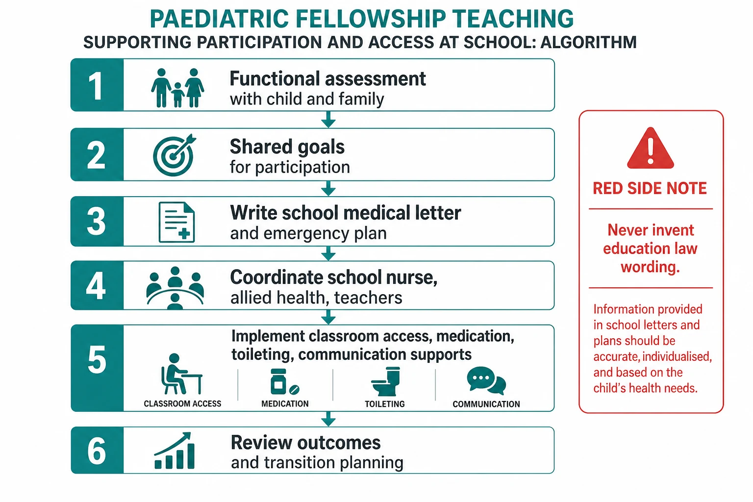 Stepwise algorithm from functional assessment through shared goals school letter emergency plan team coordination implementation and transition review