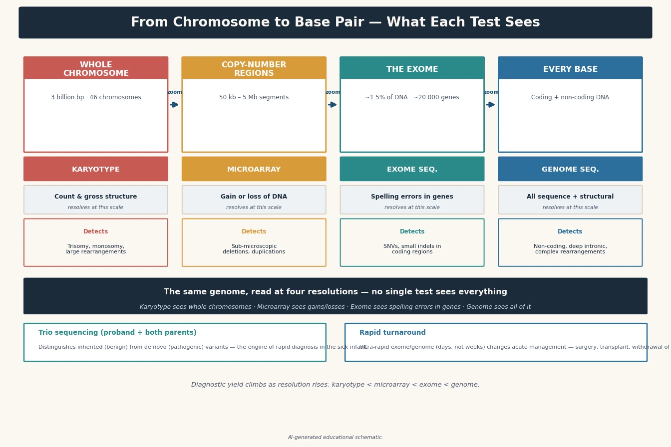 Diagram contrasting the mechanism of each platform — karyotype microscopy, microarray probe hybridisation, and next-generation sequencing of DNA fragments — and the variant class each interrogates