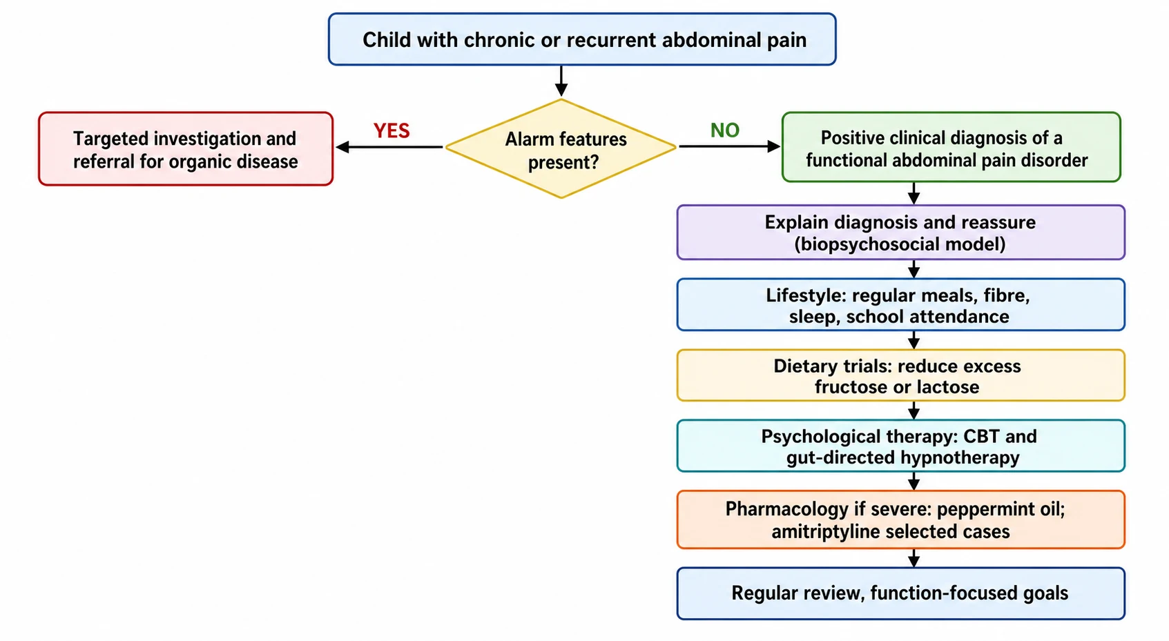 Management algorithm beginning with a child who has chronic or recurrent abdominal pain, branching on the presence of alarm features toward targeted investigation or a positive functional diagnosis, then a stepwise pathway of explanation and reassurance, lifestyle and dietary measures, psychological therapy, and selective pharmacology with regular function-focused review.