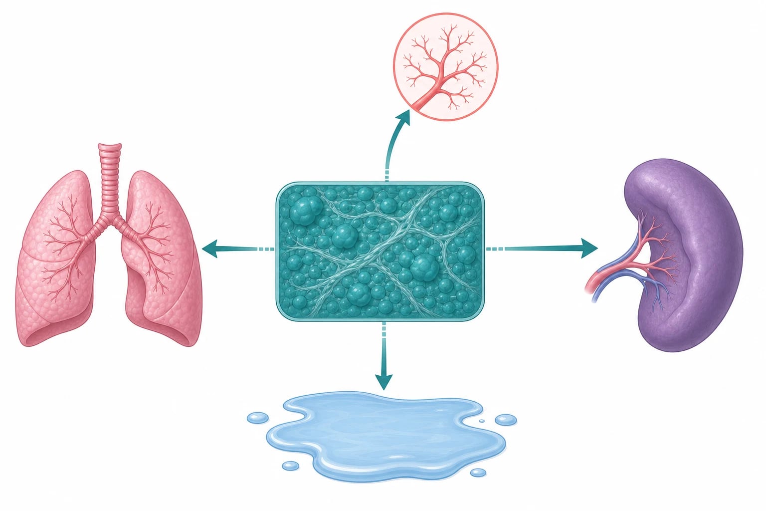 Pathophysiology cascade diagram showing the cirrhotic liver with fibrosis and regenerative nodules increasing intrahepatic resistance, leading to splanchnic vasodilation from nitric oxide, increased portal inflow, portosystemic collateral formation with varices, ascites from sinusoidal hypertension and sodium retention, splenomegaly, and pulmonary vascular dilatation causing hepatopulmonary syndrome.