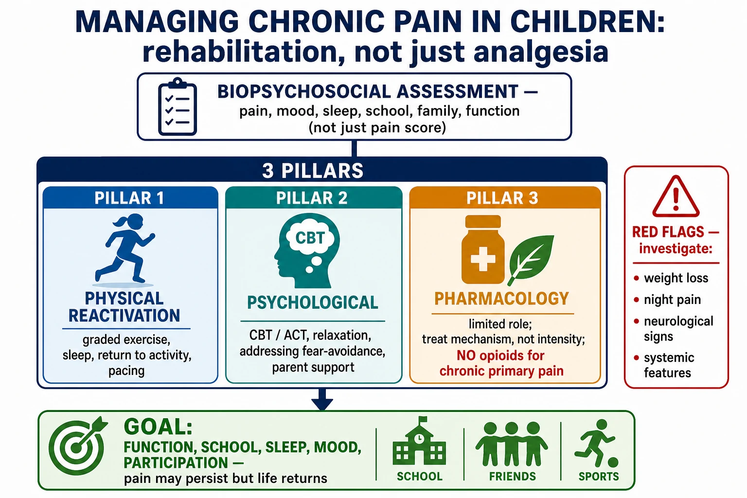 Management algorithm for chronic pain in children showing the biopsychosocial assessment, three treatment pillars of physical reactivation, psychological therapy and pharmacology, functional outcome goals, and a red-flag side box.