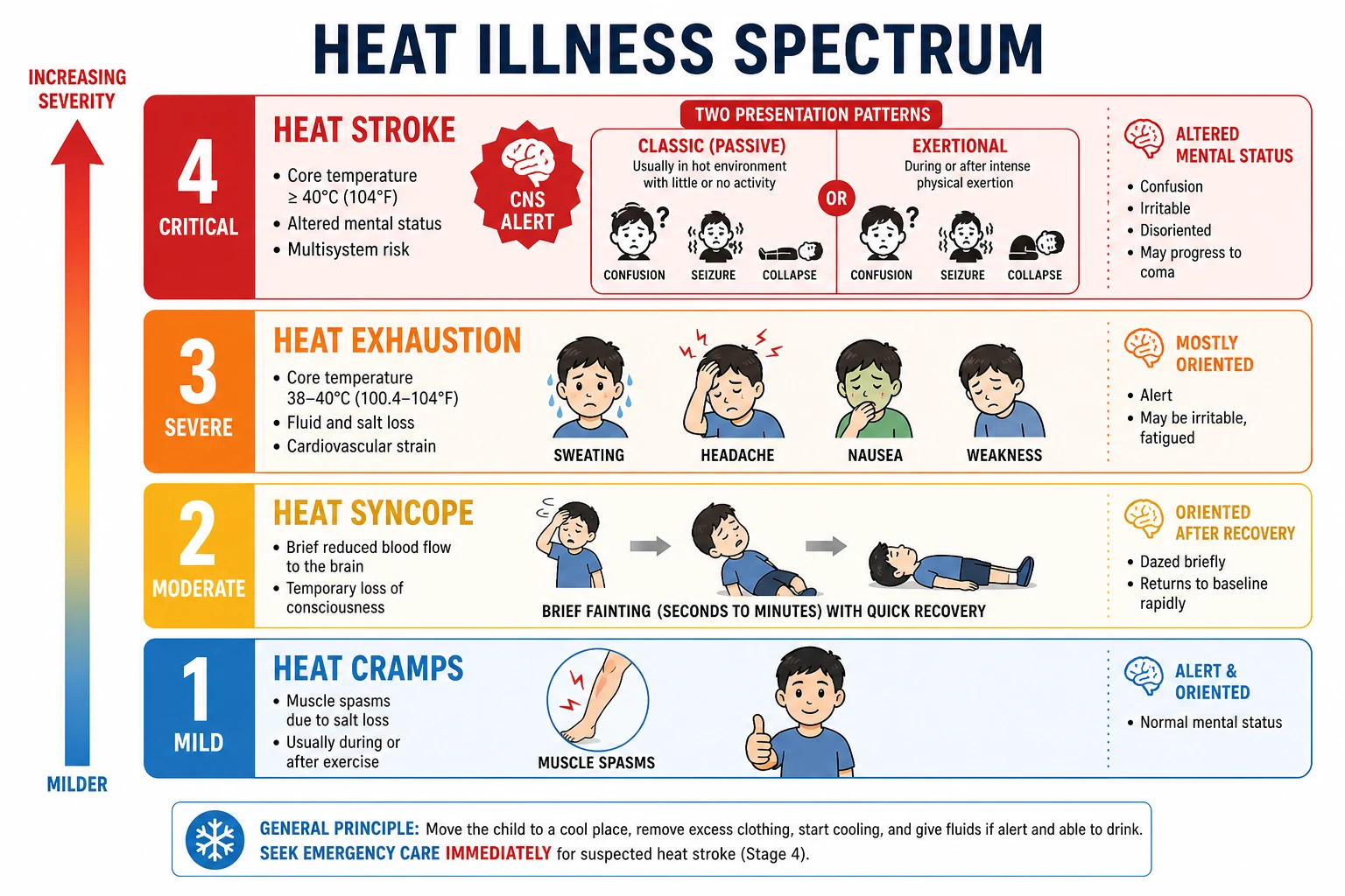 Educational ladder classifying paediatric heat illness from heat cramps and syncope through heat exhaustion to classic and exertional heat stroke with CNS warning flags