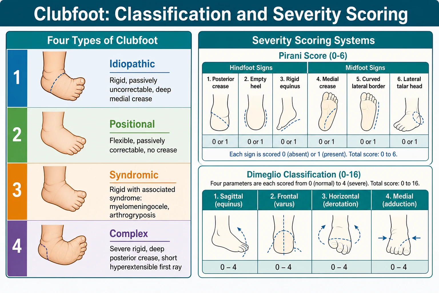 Two-panel schematic. Left panel: a four-row table of clubfoot types — idiopathic (rigid, deep medial crease), positional (flexible, passively correctable), syndromic (rigid with myelomeningocele or arthrogryposis), complex (severe rigid, deep posterior crease, short hyperextensible first ray). Right panel: the Pirani six-sign scoring grid (three hindfoot signs and three midfoot signs, each scored zero, half, or one, total zero to six) alongside the Dimeglio four-parameter classification (sagittal, frontal, horizontal, medial, each scored zero to four, total zero to twenty with the four additional severity signs).