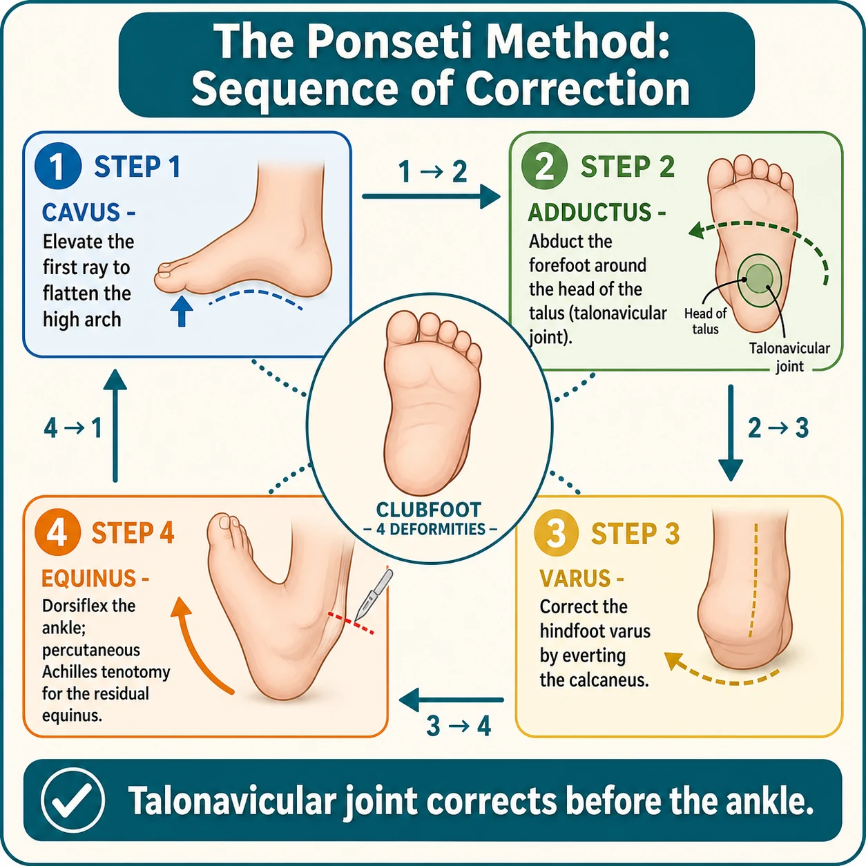 Central foot icon with four radiating numbered correction steps showing the Ponseti sequence: step one cavus (elevate the first ray), step two adductus (abduct around the head of the talus, correcting the talonavicular joint), step three varus (the hindfoot abducts and everts beneath the talus), step four equinus (dorsiflexion and the percutaneous tenotomy). A banner reads: the talonavicular joint corrects before the ankle.