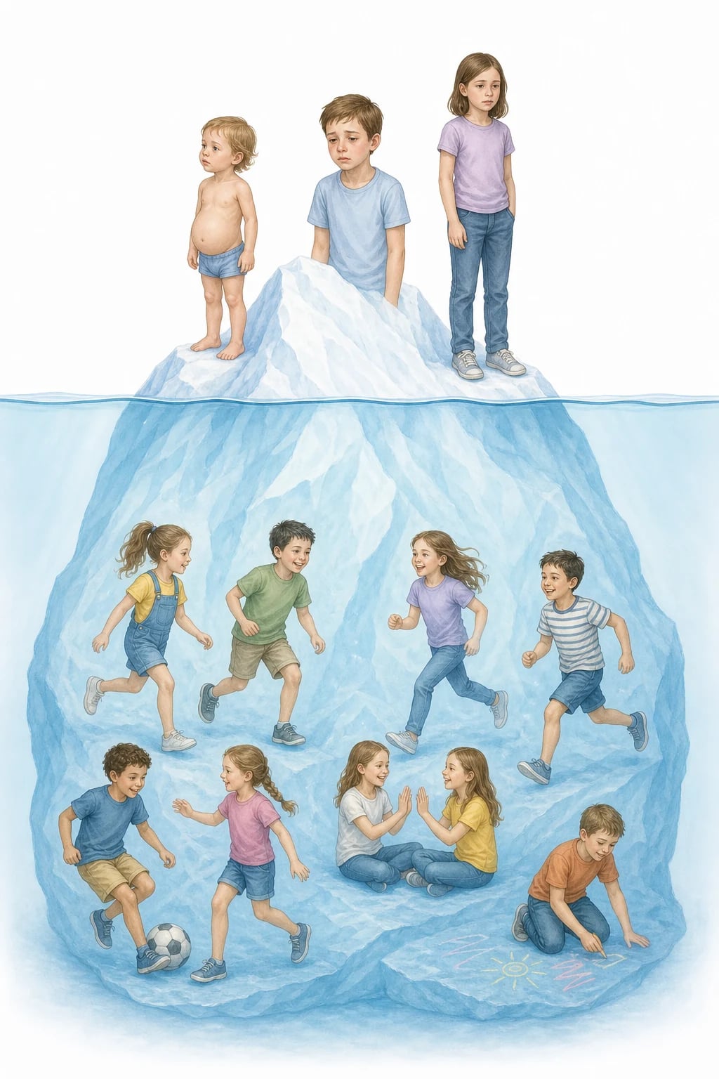 Classification of coeliac disease presentations on an iceberg: above the waterline the symptomatic classic child with diarrhoea, a distended abdomen, wasted buttocks and failure to thrive after weaning onto gluten, and the non-classic child with isolated iron-deficiency anaemia, short stature, delayed puberty, mouth ulcers or dental enamel defects; below the waterline the silent asymptomatic child found on screening of type 1 diabetes, Down syndrome or first-degree relatives, and the potential coeliac with positive serology but normal villi