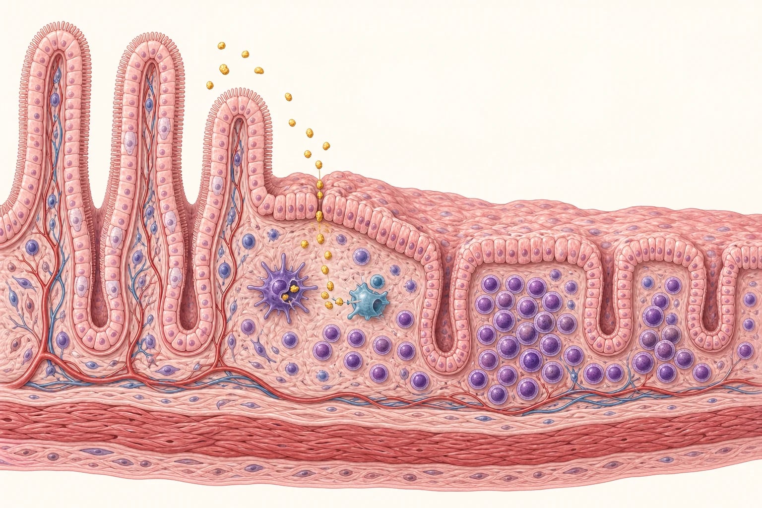 Pathophysiology of coeliac disease: gluten crossing a damaged epithelium into the lamina propria; tissue transglutaminase deamidating gliadin peptides; the deamidated peptide presented on HLA-DQ2 or DQ8 to CD4-positive T cells; a T-helper-1 inflammatory response releasing cytokines; intraepithelial lymphocytes increasing, crypts hyperplastic and villi flattening from tall fingers to flat ridges; B cells producing anti-tissue-transglutaminase and endomysial antibodies