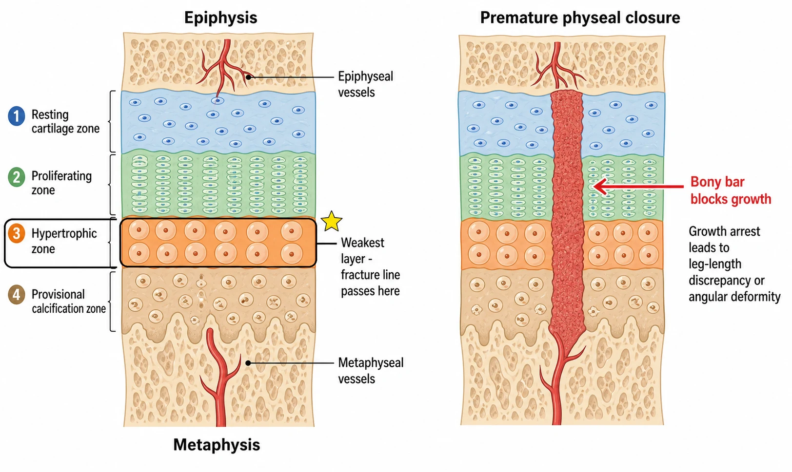 A labelled cross-section of the growth plate showing the four cartilage zones from resting through proliferating and hypertrophic to provisional calcification, with the fracture line drawn through the highlighted weakest hypertrophic zone, the epiphyseal and metaphyseal blood vessels, and a second diagram showing a red bony bar bridging the plate to cause growth arrest