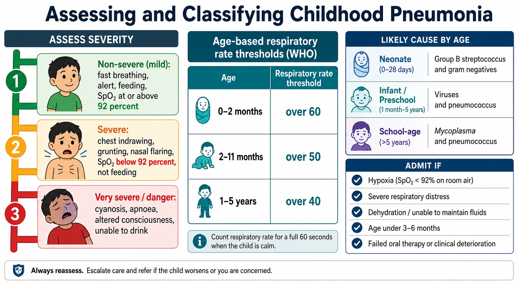 Educational schematic grading childhood pneumonia severity from non-severe through severe to very severe by respiratory rate, chest indrawing, oxygenation and feeding, alongside WHO age-based respiratory-rate thresholds, likely pathogen by age and an admit-or-home decision panel
