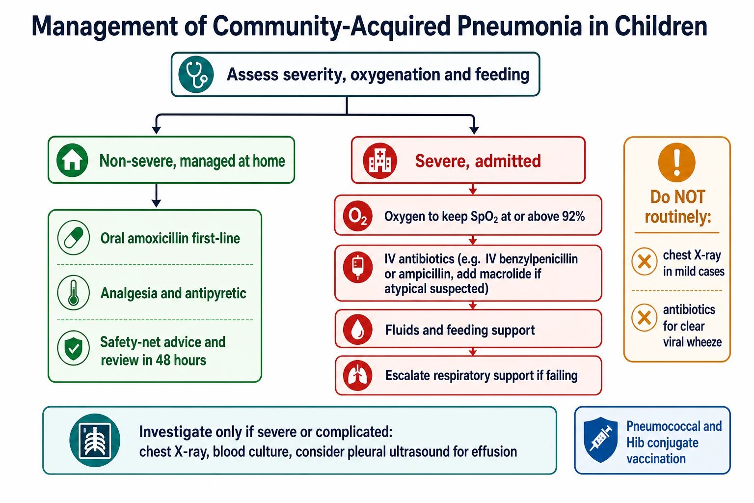 Educational management algorithm for childhood community-acquired pneumonia branching from severity assessment into home oral amoxicillin for non-severe disease and oxygen with intravenous antibiotics for severe disease, with an investigate-only-if-severe panel, an escalation pathway and a prevention tag for pneumococcal and Hib vaccination