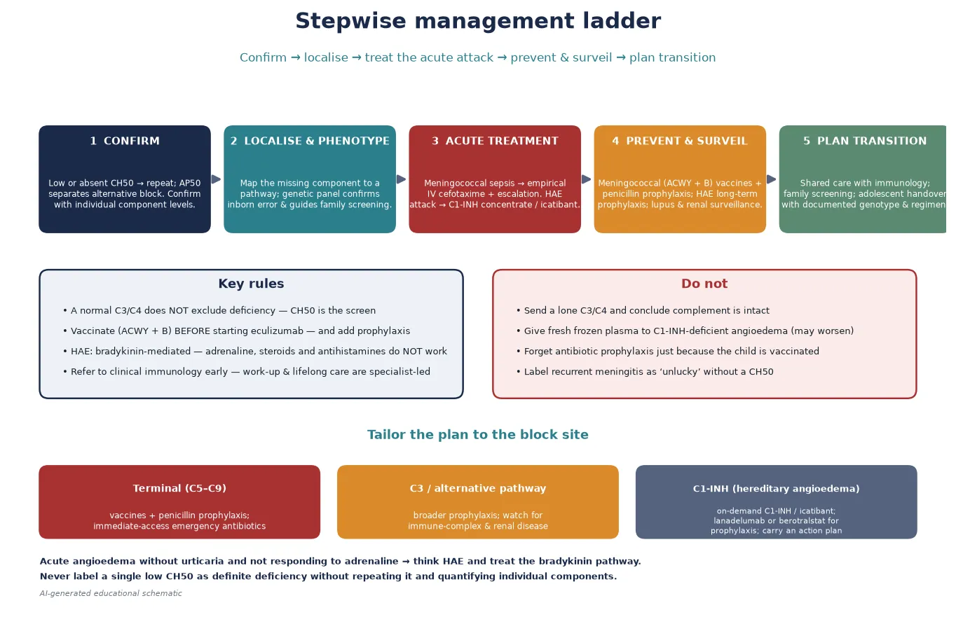 Five-step management ladder from confirming the defect, through localising and treating the acute attack, to prevention surveillance and transition, with key-rules and do-not panels and a footer tailoring the plan to the block site
