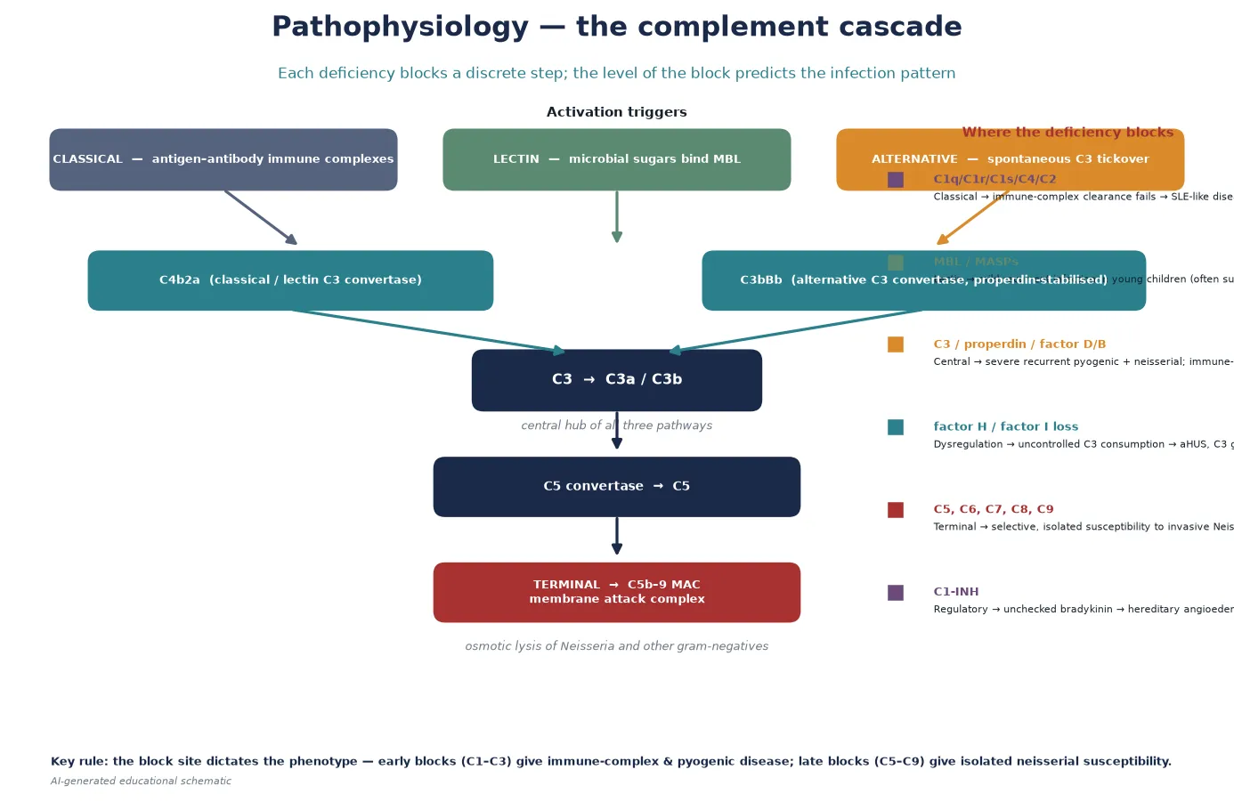 Vertical complement cascade showing three activation triggers converging on C3 convertases, then C3 as central hub, then C5 convertase to terminal membrane attack complex, with a right-hand annotation column showing where classical, lectin, alternative, regulatory and terminal deficiencies each block the pathway