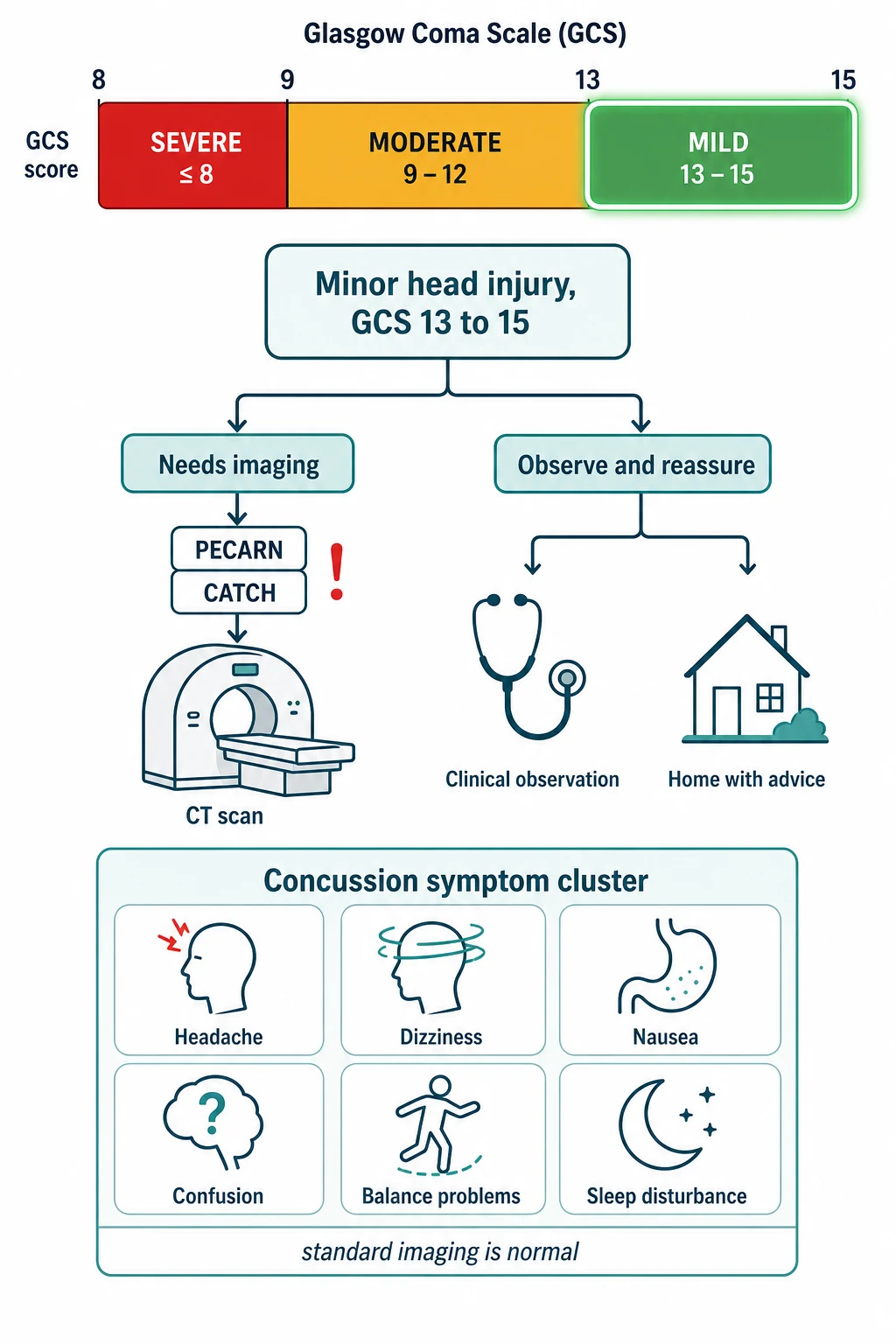 A clean medical-education schematic on a white background. The top shows a horizontal severity bar with the Glasgow Coma Scale, colour-coded into three bands: mild traumatic brain injury in green spanning GCS 13 to 15, moderate in amber spanning GCS 9 to 12, and severe in red at GCS 8 or below. Below the mild band a branching tree separates the head-injured child into two paths: the left path labelled needs imaging leads through the PECARN and CATCH red-flag boxes to a computed tomography icon, and the right path labelled observe and reassure leads to a stethoscope and discharge icon. A third lower panel shows the concussion symptom cluster as labelled tiles for headache, dizziness, nausea, confusion, balance problems, sensitivity to light and noise, and sleep disturbance, with a note that standard imaging is normal.