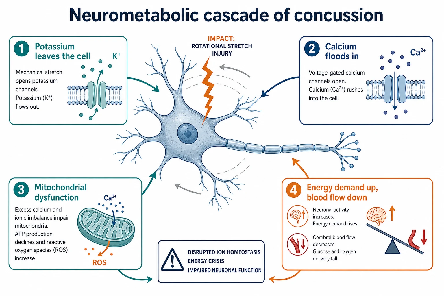 Labelled medical schematic titled Neurometabolic cascade of concussion. Centre shows a single large neuron with a stretched axon and a zigzag rotational impact arrow. Four callout boxes surround it: Potassium leaves the cell, Calcium floods in, Mitochondrial dysfunction, and Energy demand up blood flow down. Arrows show the ion flux across the cell membrane.