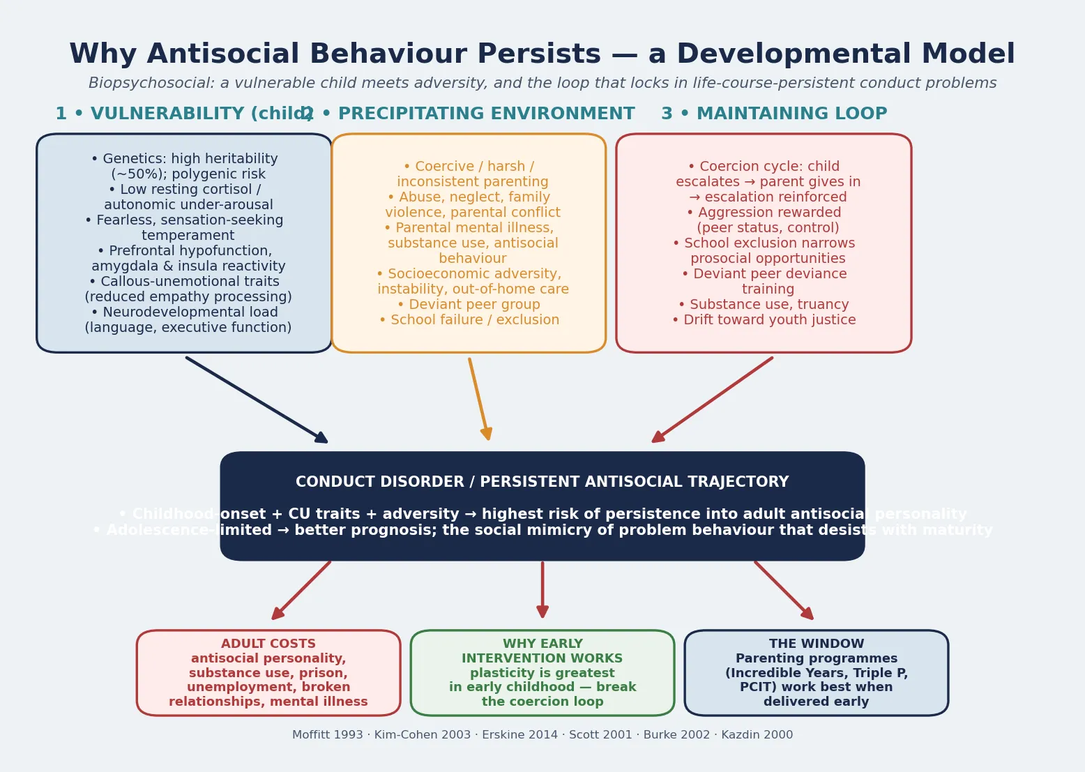 Pathophysiology diagram showing three columns — child vulnerability (genetics, low cortisol, prefrontal-amygdala differences, callous-unemotional traits), precipitating environment (coercive parenting, abuse, deviant peers), and the maintaining coercion loop — converging on a persistent antisocial trajectory and the case for early intervention