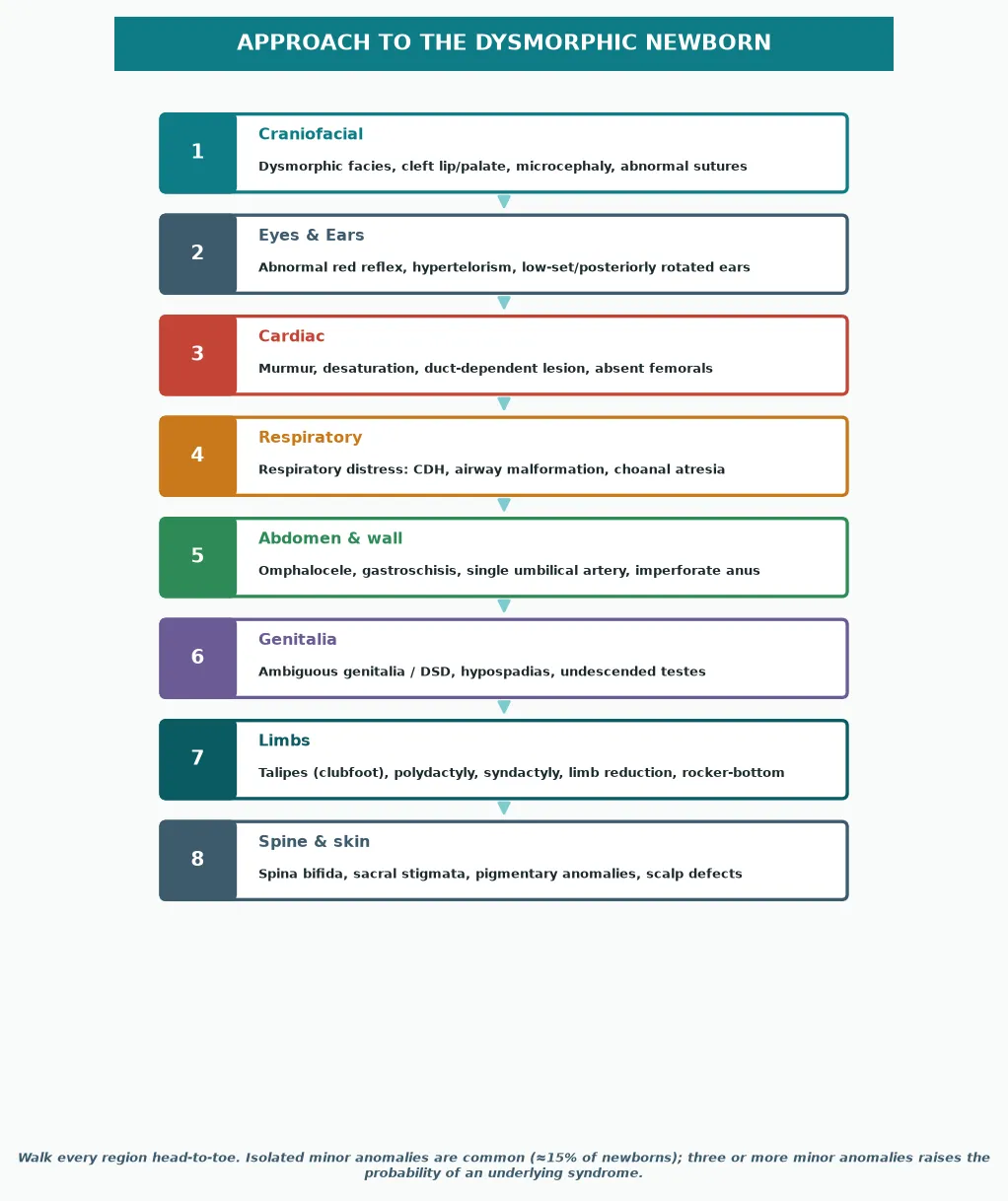 Portrait infographic of a head-to-toe approach to the dysmorphic newborn, organised as eight numbered anomaly categories: craniofacial, eyes and ears, cardiac, respiratory, abdomen and abdominal wall, genitalia, limbs, and spine and skin